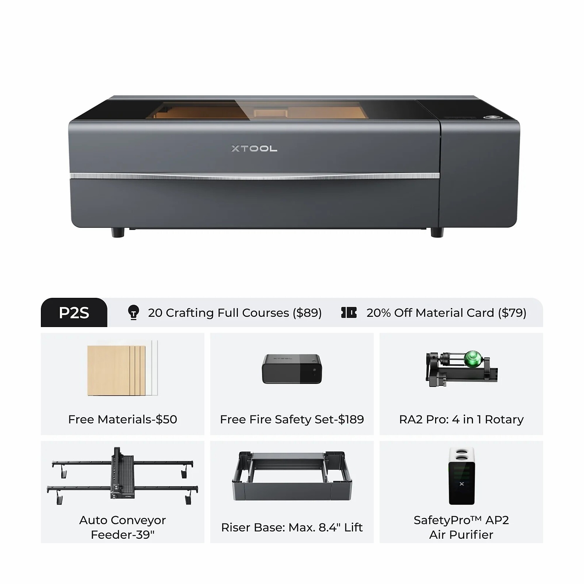 xTool, Laser Cutter and Engraver, Working Width 29.13 in, Working Length 44.09 in, Laser Power 55 W, Model# xTool P2S All-in-1 Bundle